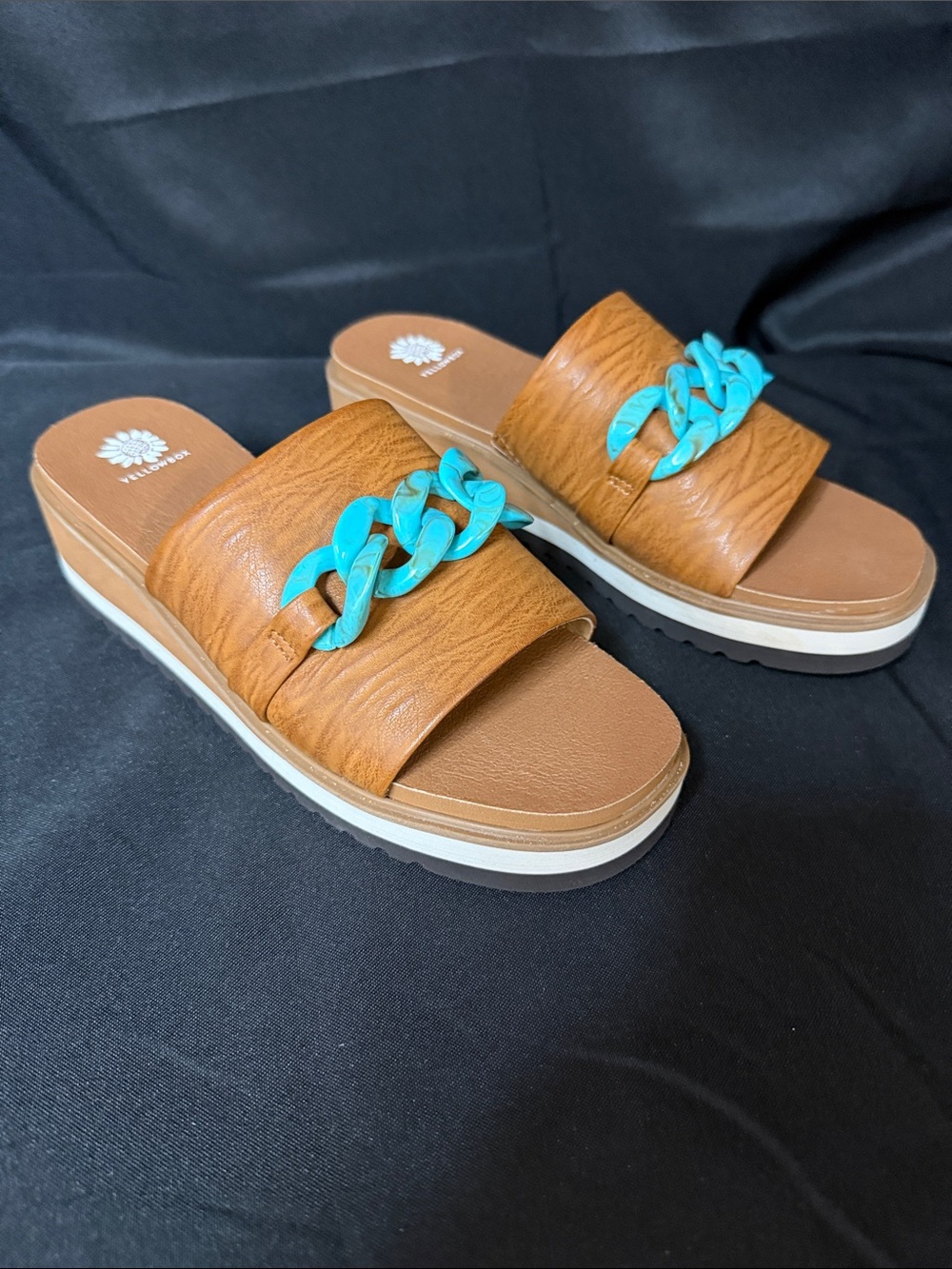 YellowBox Brown Slide Sandals with Turquoise Chain Accent